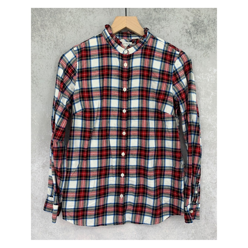 J Crew Flannel Shirt Womens Small Red Plaid Button Down Ruffle Neck Long Sleeve